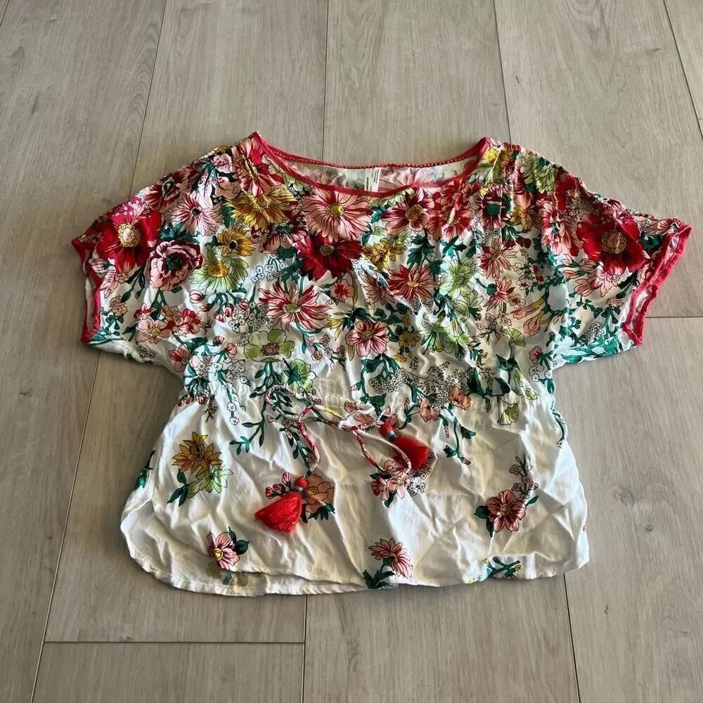 Anthropologie Floral Drawstring Tassel Waist Short Sleeve Top Blouse Floral Sz X
